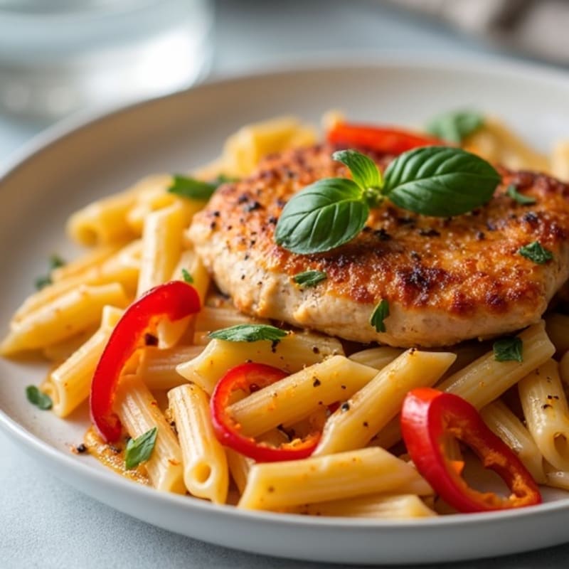 Spicy Pan-Seared Chicken with Creamy Whole Wheat Pasta and Bell Peppers