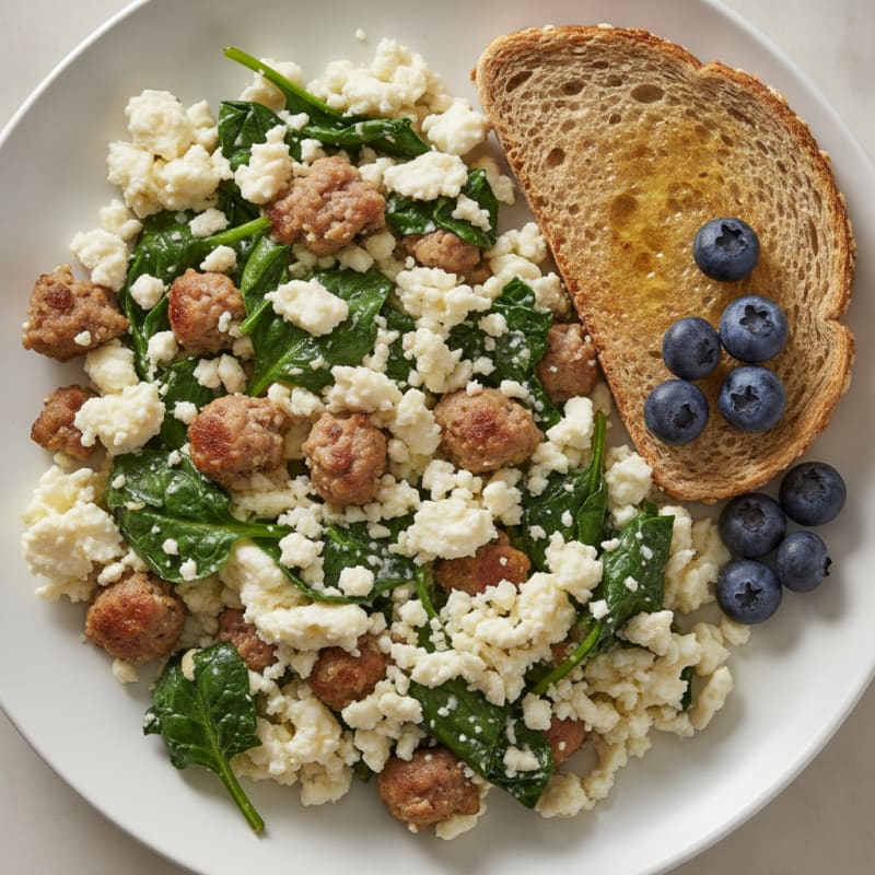 Egg White and Turkey Sausage Scramble with Spinach and Feta