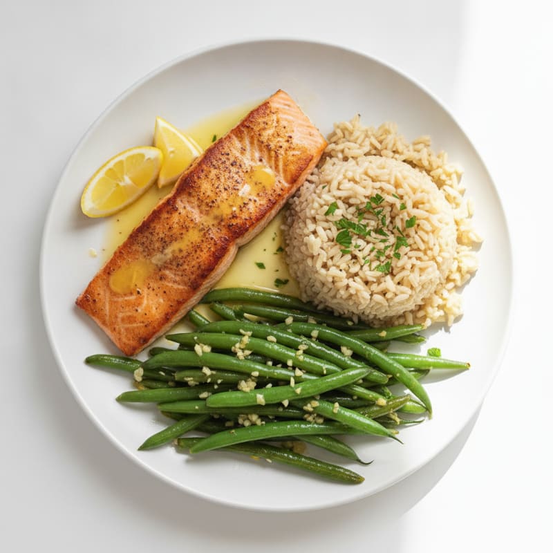 Seared Salmon with Garlic Green Beans and Brown Rice
