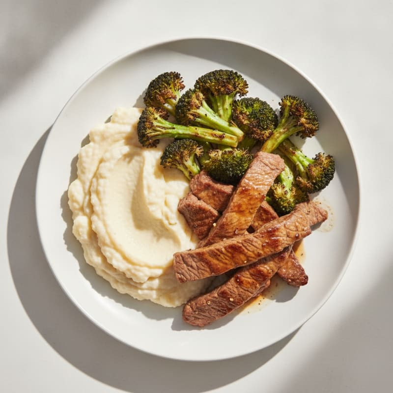 Seared Lean Beef Strips with Roasted Broccoli and Cauliflower Mash