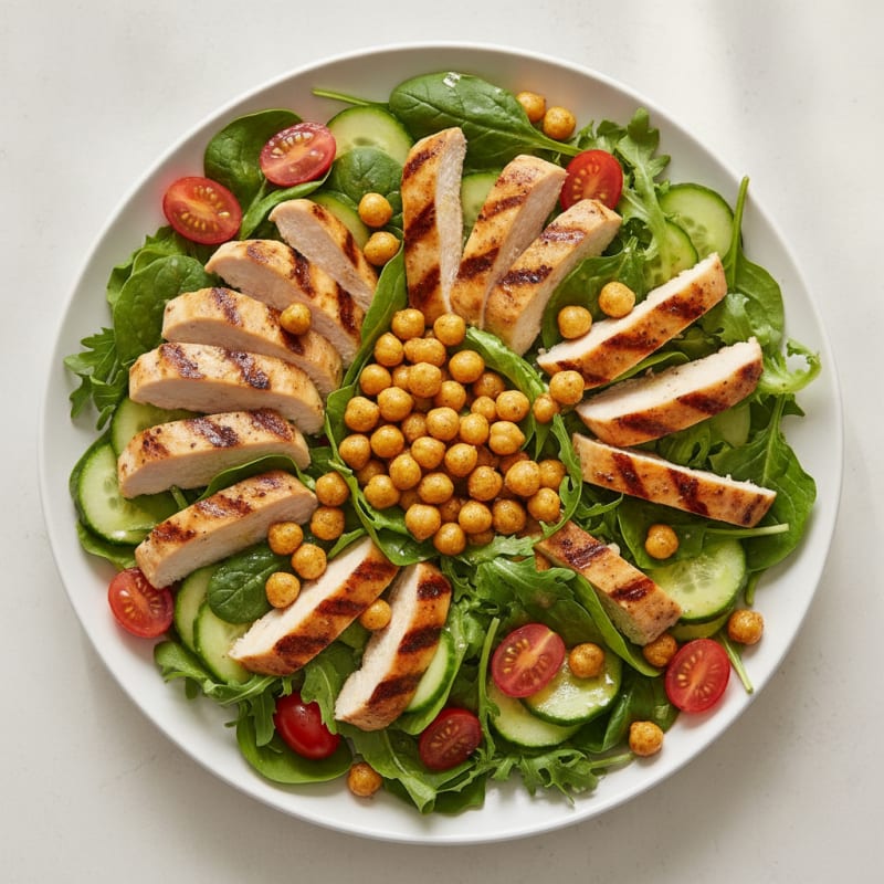 Grilled Chicken Breast Salad with Crunchy Chickpeas and Fresh Greens