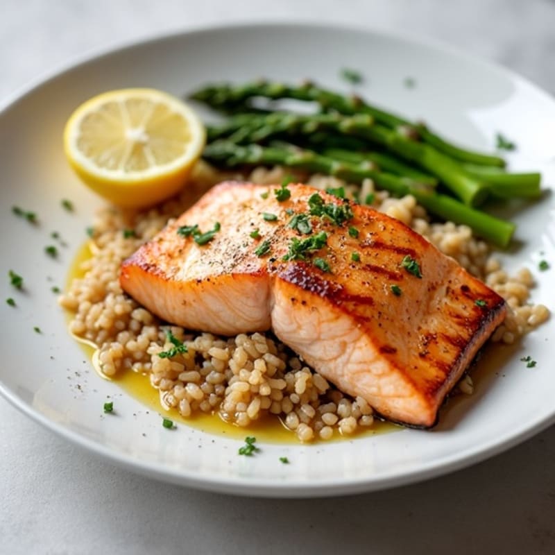 Seared Salmon with Steamed Asparagus and Brown Rice