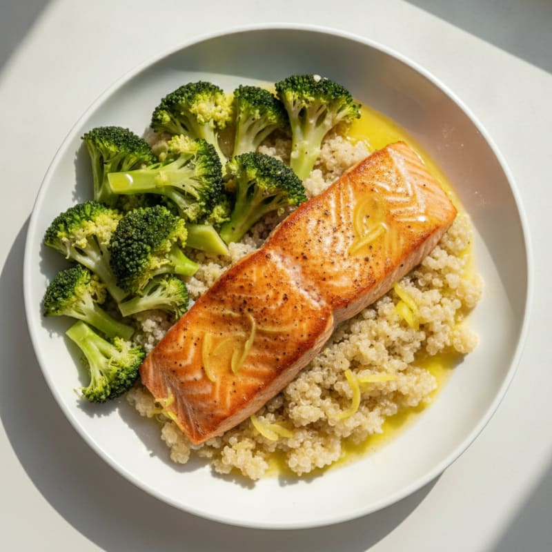 Pan-Seared Salmon with Steamed Broccoli and Quinoa