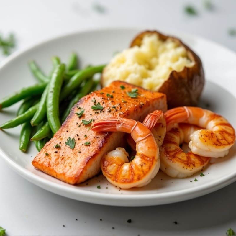 Pan-Seared Salmon and Shrimp with Fluffy Baked Potato and Crisp Green Beans