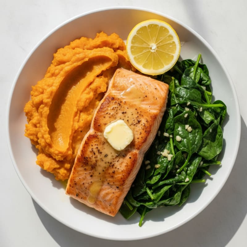 Seared Salmon with Garlic Spinach and Sweet Potato Mash