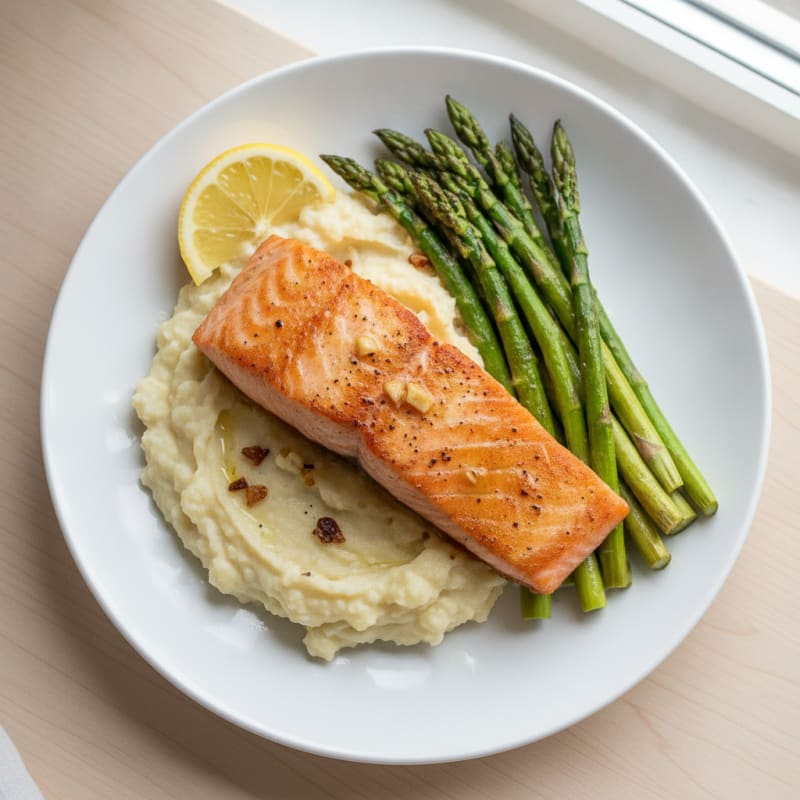 Seared Salmon with Roasted Asparagus and Garlic Cauliflower Mash