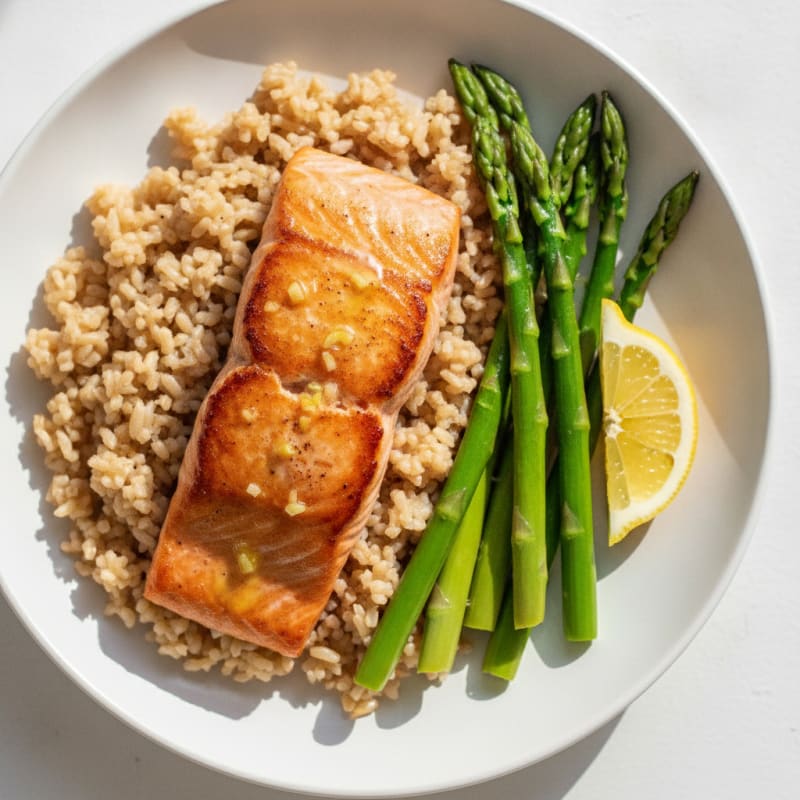 Seared Salmon with Steamed Asparagus and Brown Rice