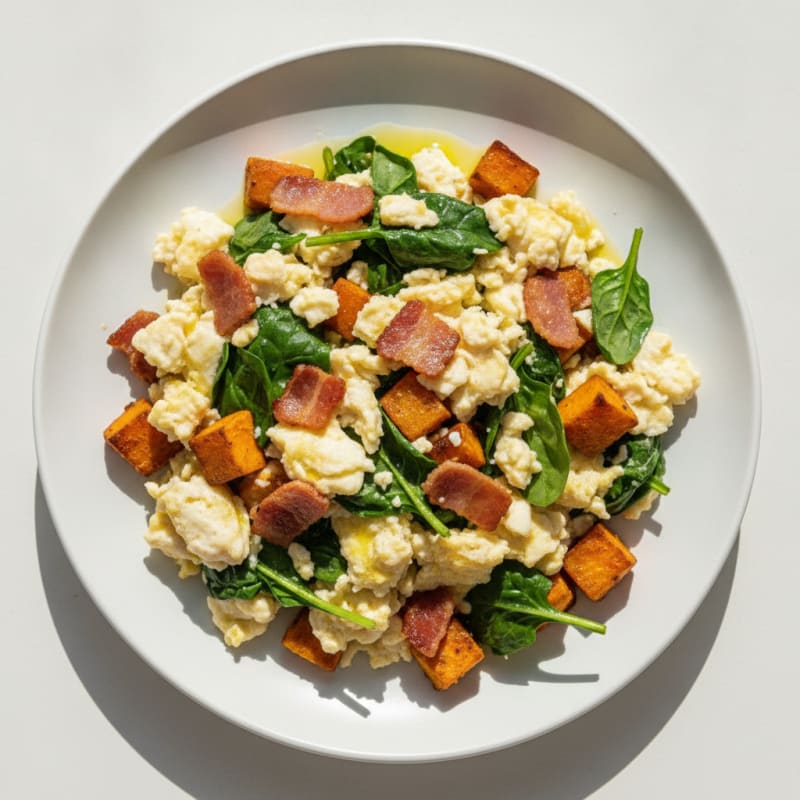 Crispy Turkey Bacon and Egg White Scramble with Sautéed Spinach