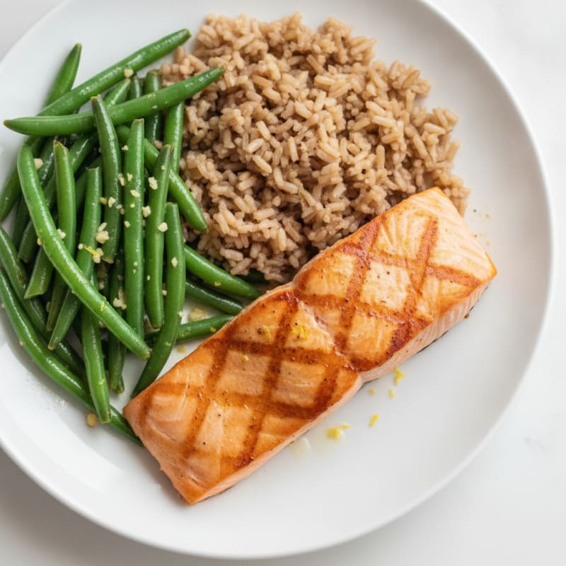 Seared Salmon with Garlic Green Beans and Brown Rice