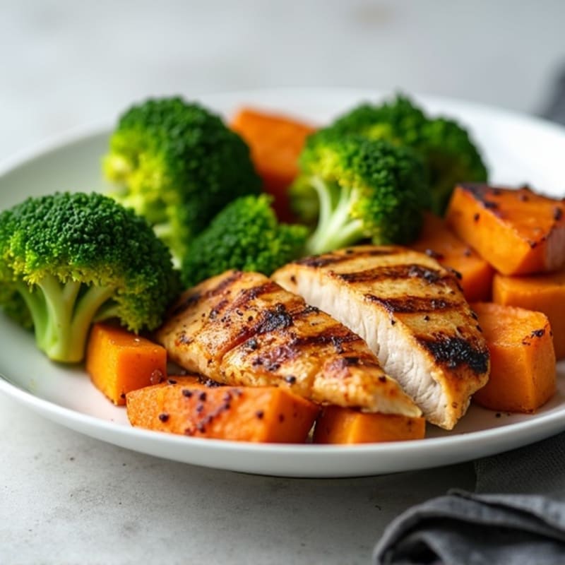 Grilled Chicken Breast with Roasted Sweet Potato and Steamed Broccoli