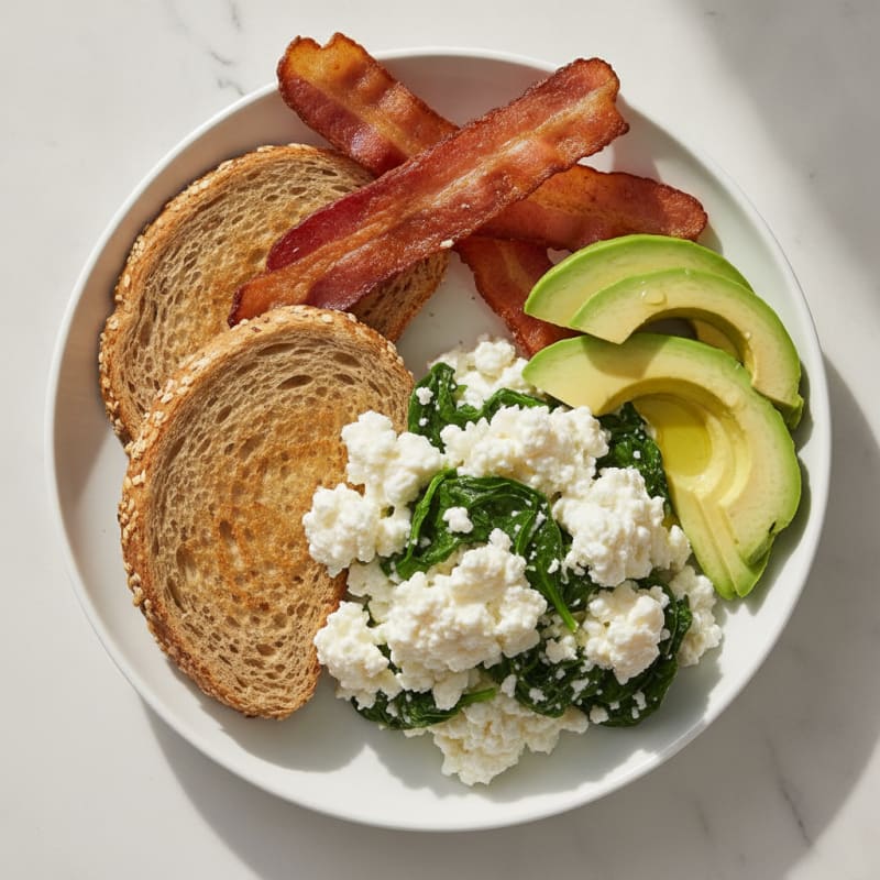 Cottage Cheese Egg White Scramble with Spinach and Turkey Bacon