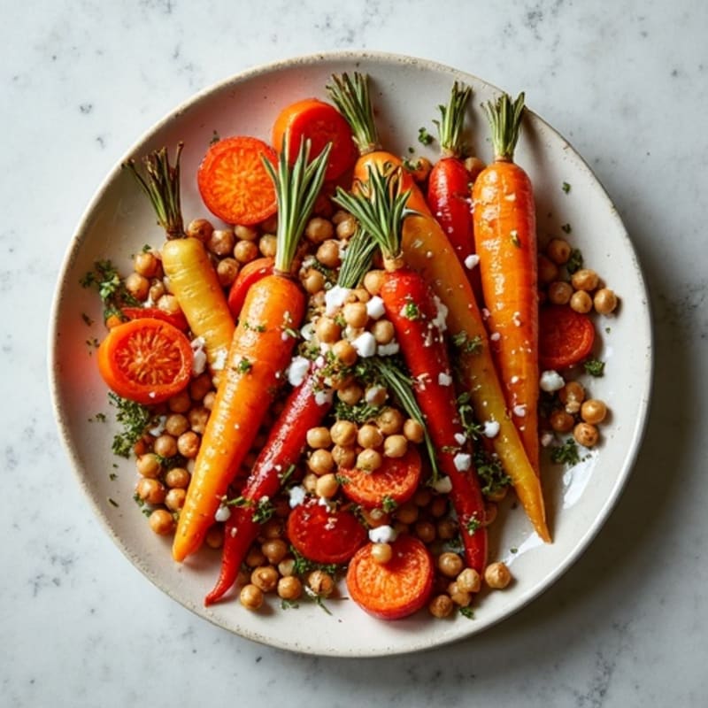 Honey-Maple Roasted Rainbow Carrots with Crispy Chickpeas & Greek Yogurt Drizzle