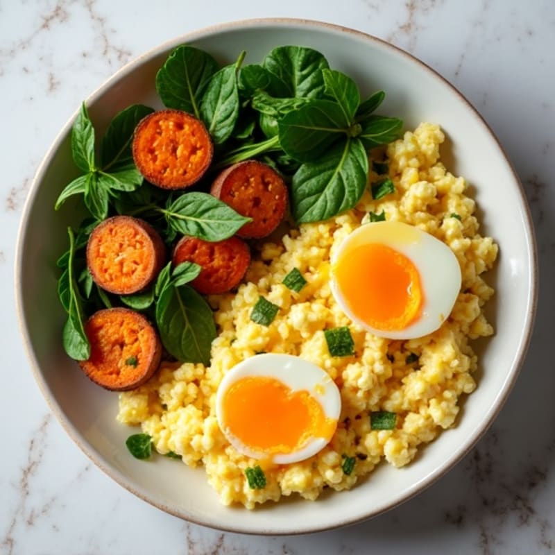 Creamy Cottage Cheese Scramble with Roasted Sweet Potatoes and Spinach