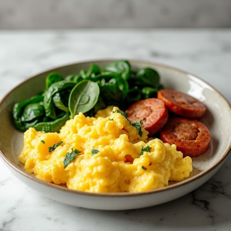 Scrambled Eggs with Turkey Sausage and Sautéed Spinach