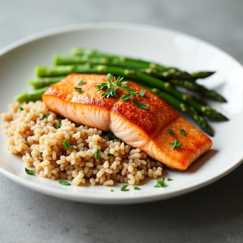 Seared Salmon with Steamed Asparagus and Brown Rice