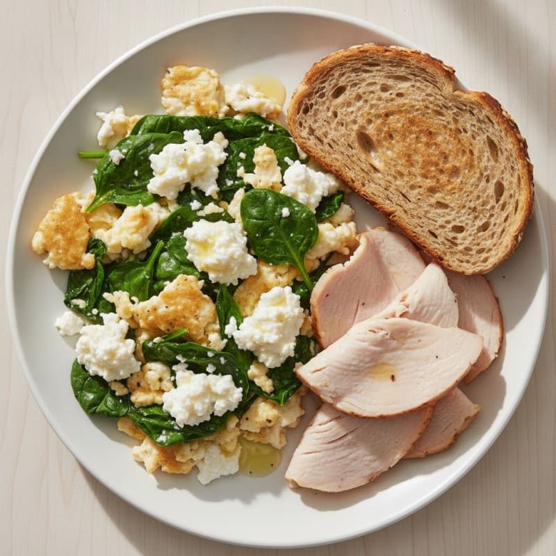 Egg White and Spinach Scramble with Cottage Cheese and Sliced Turkey