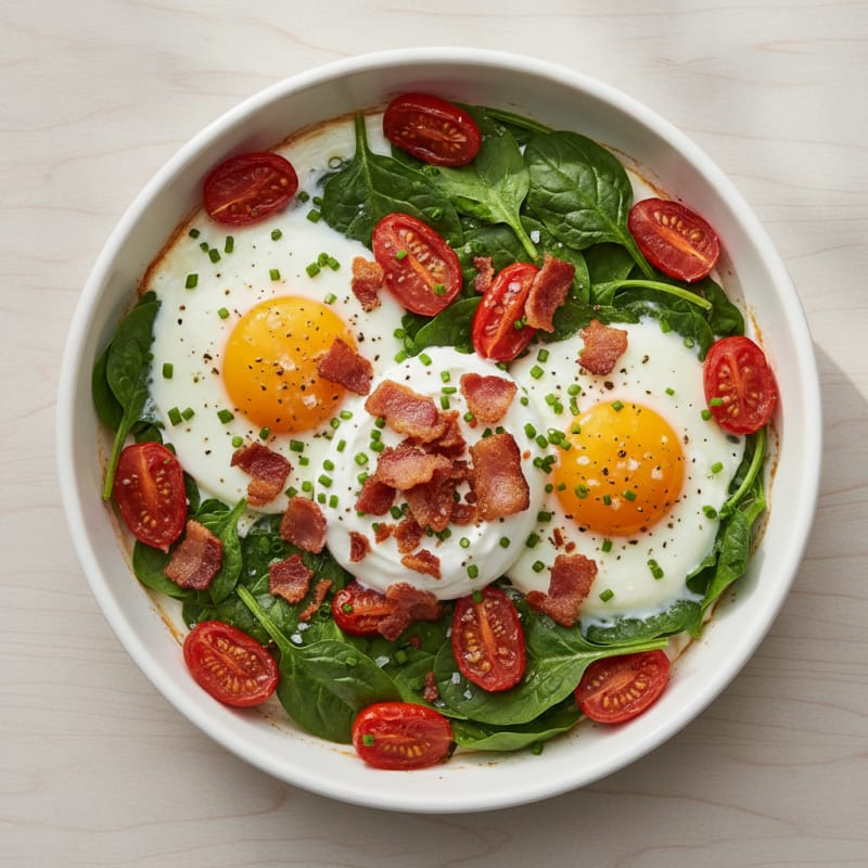 Baked Eggs with Crispy Bacon & Savory Yogurt