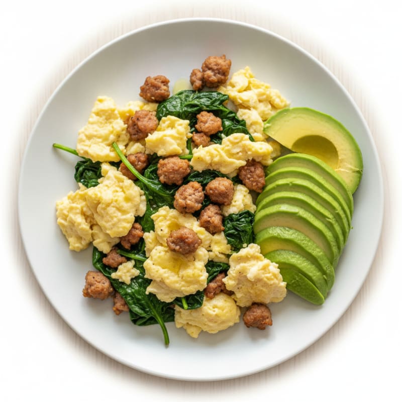 Scrambled Eggs with Turkey Sausage and Sautéed Spinach