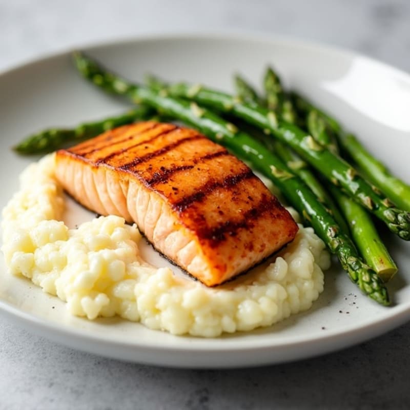 Seared Salmon with Steamed Asparagus and Garlic Cauliflower Mash