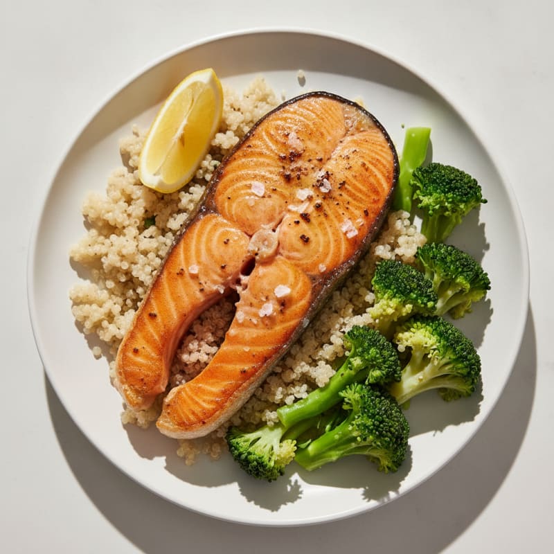 Seared Salmon Fillet with Steamed Broccoli and Quinoa