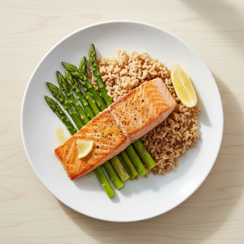 Seared Salmon with Steamed Asparagus and Brown Rice