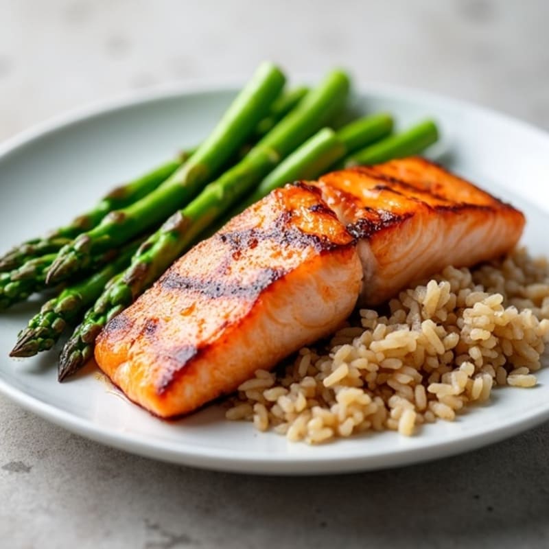 Seared Salmon Fillet with Steamed Asparagus and Brown Rice