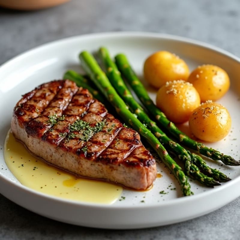 Pan-Seared Steak with Roasted Asparagus and Crispy Garlic Potatoes