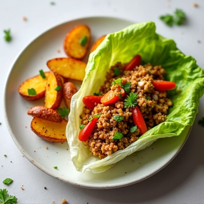 Crispy Ground Chicken Lettuce Cups with Roasted Potato Wedges
