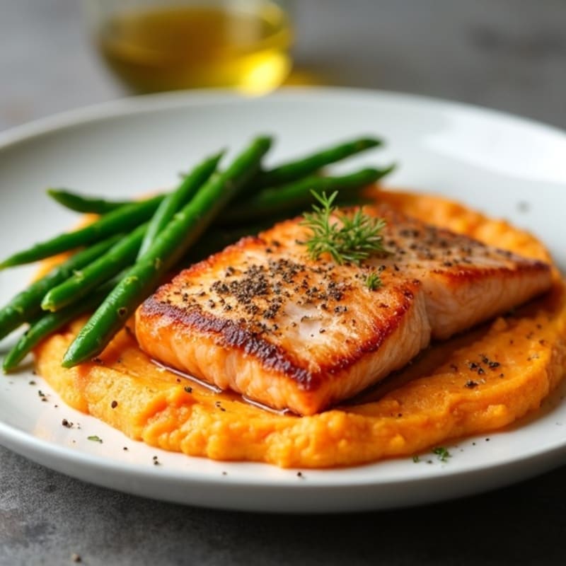 Seared Salmon with Garlic Green Beans and Sweet Potato Mash