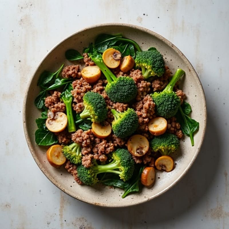 Lean Ground Beef Skillet with Roasted Broccoli, Mushrooms, and Wilted Spinach