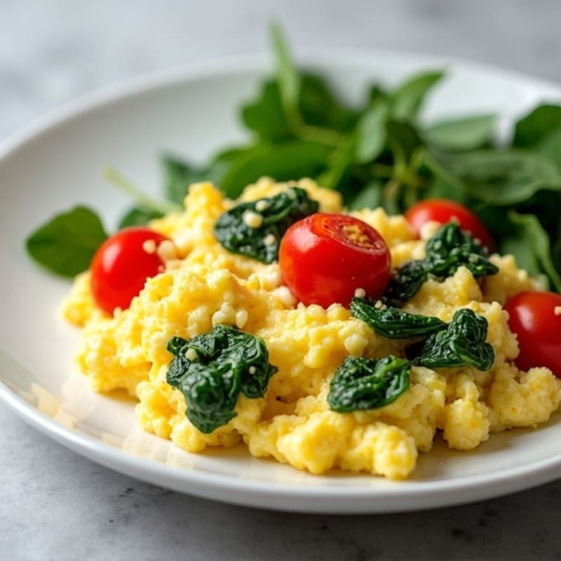 Cottage Cheese Egg Scramble with Spinach and Cherry Tomatoes