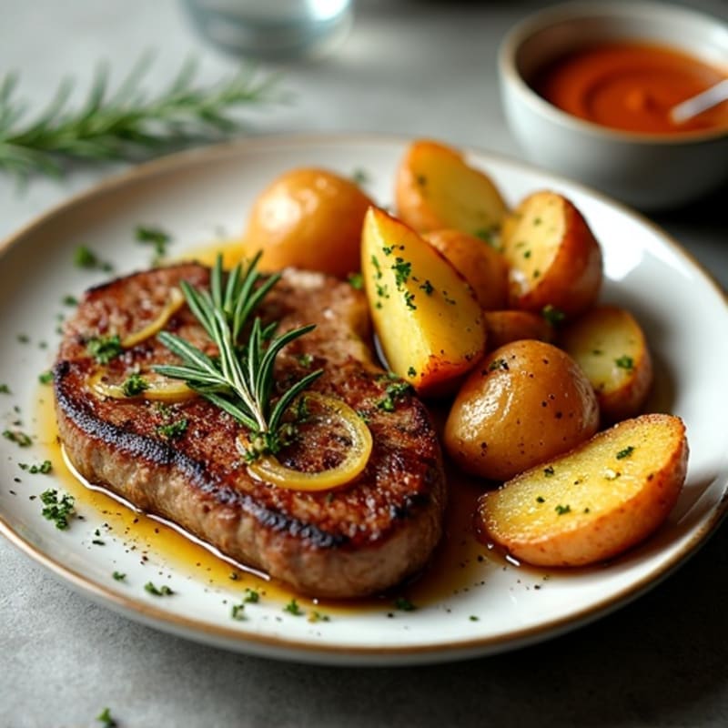 Pan-Seared Garlic Herb Steak with Crispy Roasted Potatoes