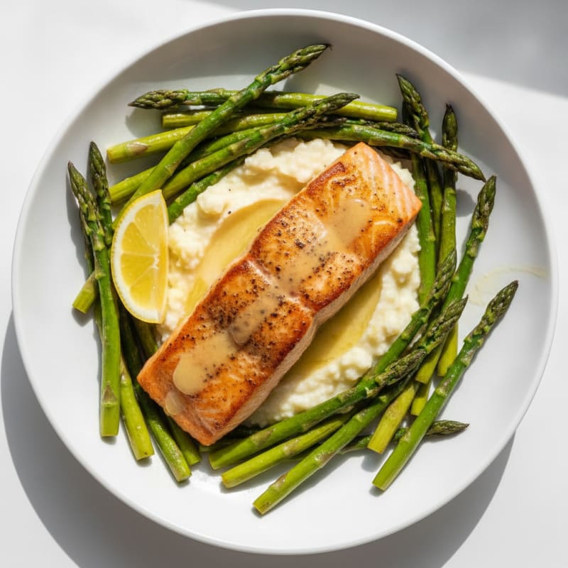 Seared Salmon with Roasted Asparagus and Garlic Cauliflower Mash