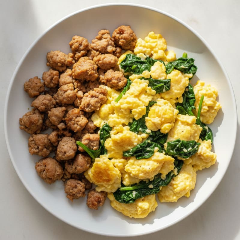 Creamy Scrambled Eggs with Turkey Sausage and Sautéed Spinach