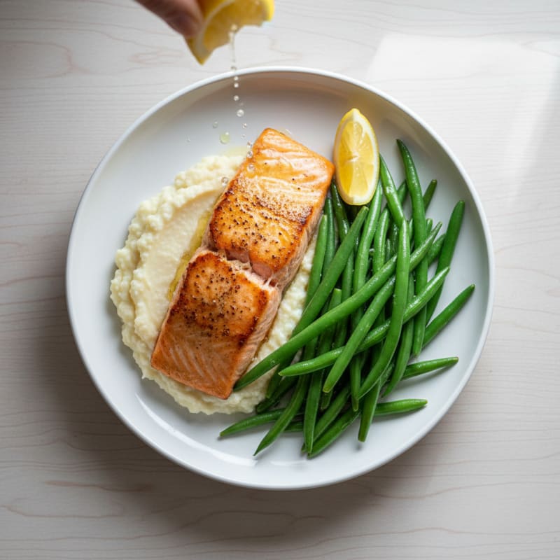 Seared Salmon Fillet with Steamed Green Beans and Cauliflower Mash