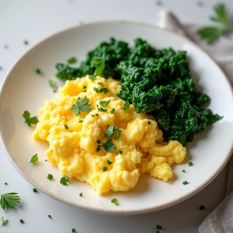 Creamy Scrambled Eggs with Fresh Herbs and Sautéed Spinach