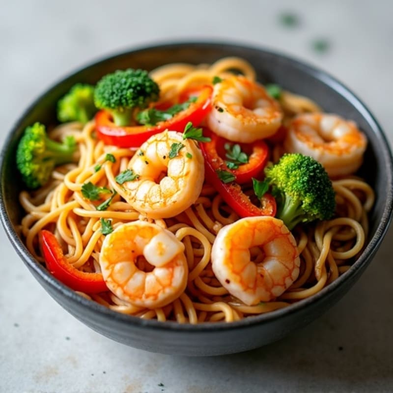 Shrimp Stir-Fried Tangy Peanut Noodles with Crispy Vegetables