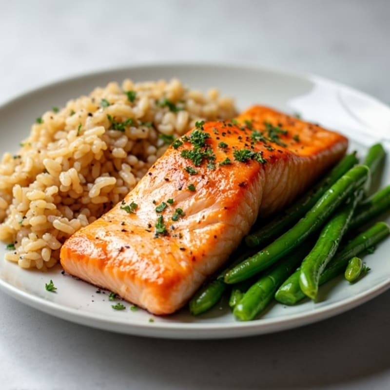 Seared Salmon with Garlic Green Beans and Brown Rice