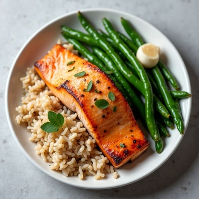 Pan-Seared Salmon with Garlic Green Beans and Brown Rice