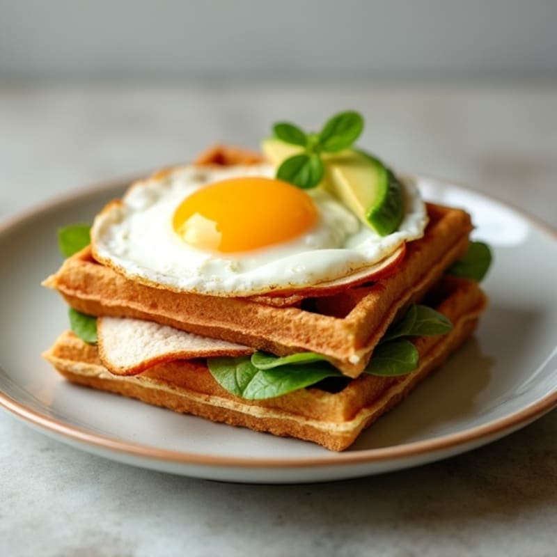 Crispy Whole Grain Waffle Sandwich with Turkey, Egg, and Avocado