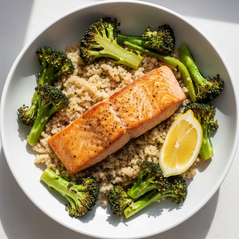 Seared Salmon with Roasted Broccoli and Quinoa