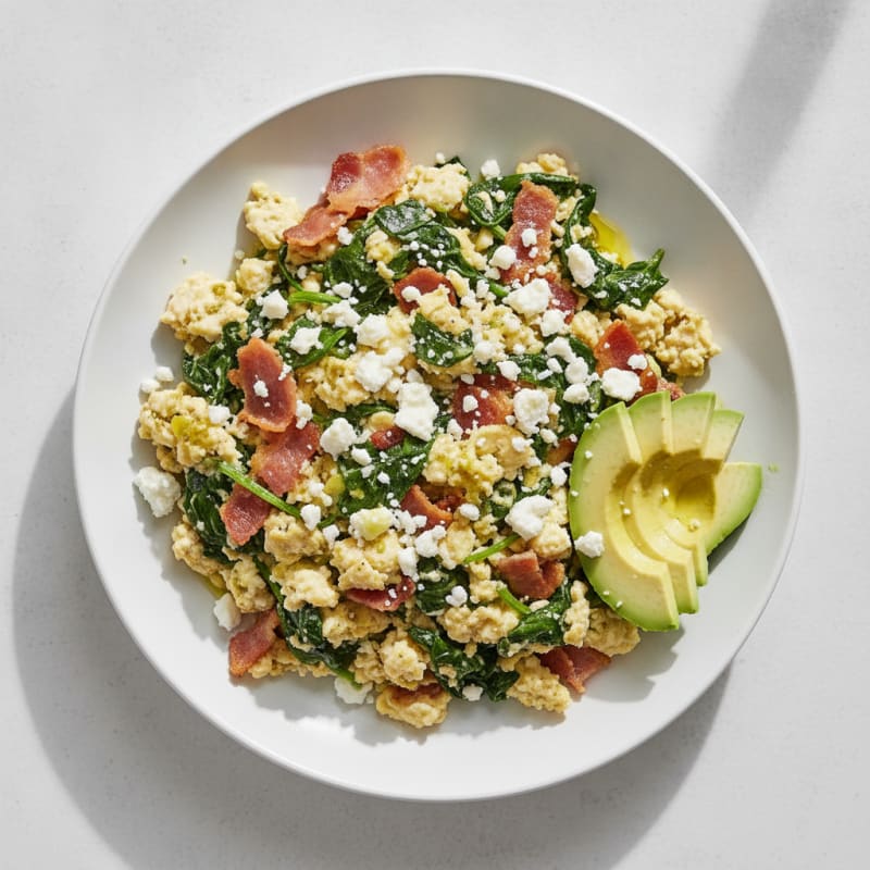 Egg White and Turkey Bacon Scramble with Spinach and Feta