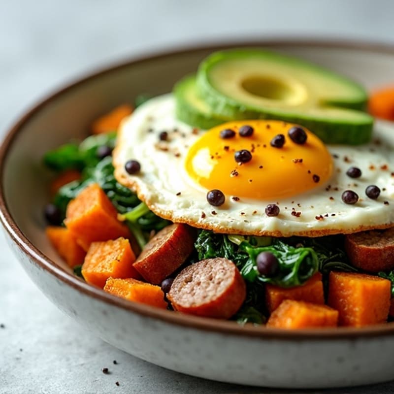 Egg White and Turkey Sausage Scramble with Spinach and Sweet Potato