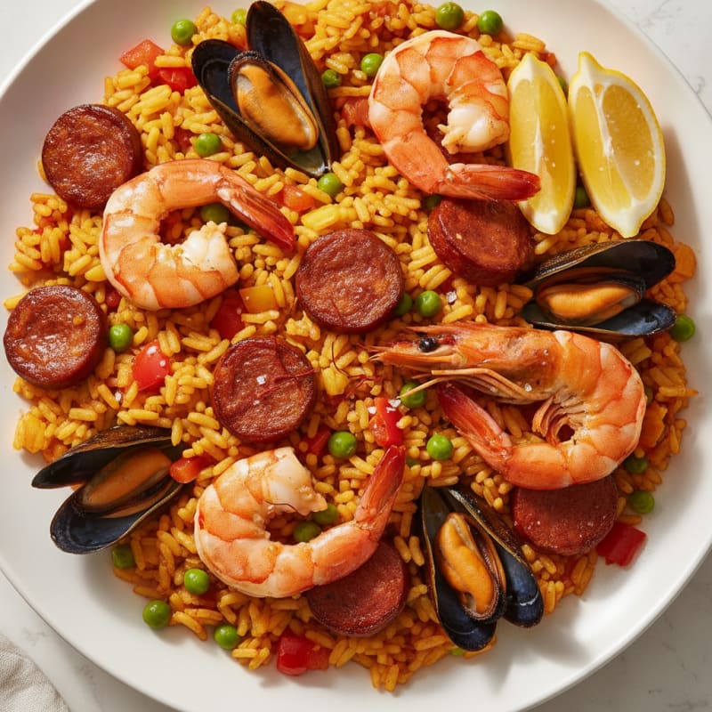 Saffron Seafood Paella with Chorizo