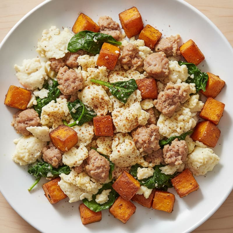 Egg White and Turkey Sausage Scramble with Sautéed Spinach and Roasted Sweet Potatoes