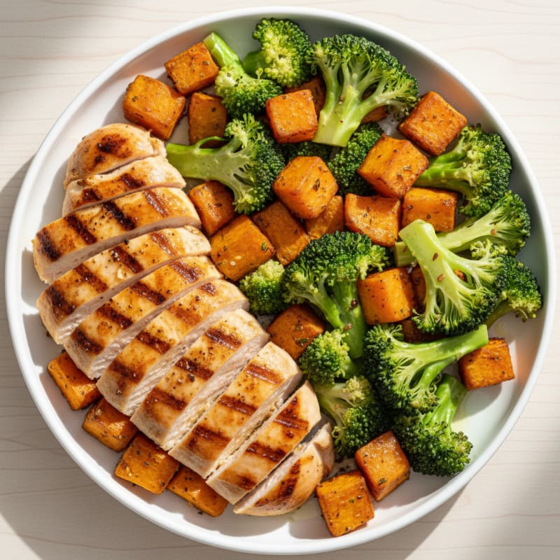 Grilled Chicken Breast with Roasted Sweet Potato and Steamed Broccoli