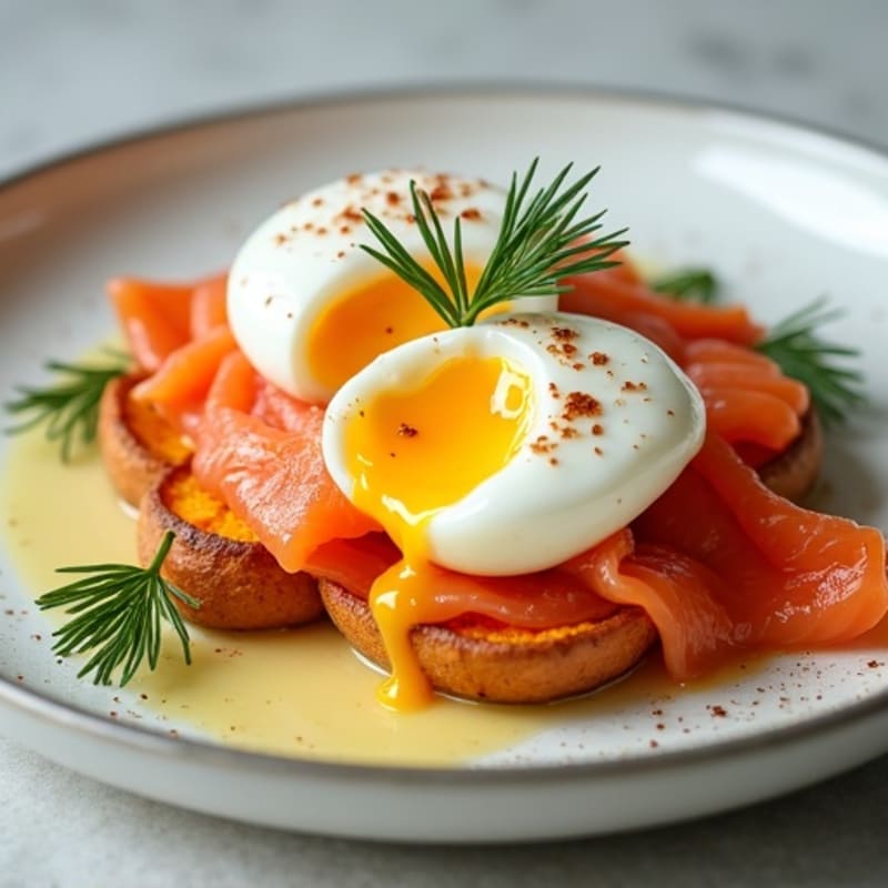 Smoked Salmon Poached Eggs with Crispy Sweet Potato and Creamy Lemon-Dill Sauce