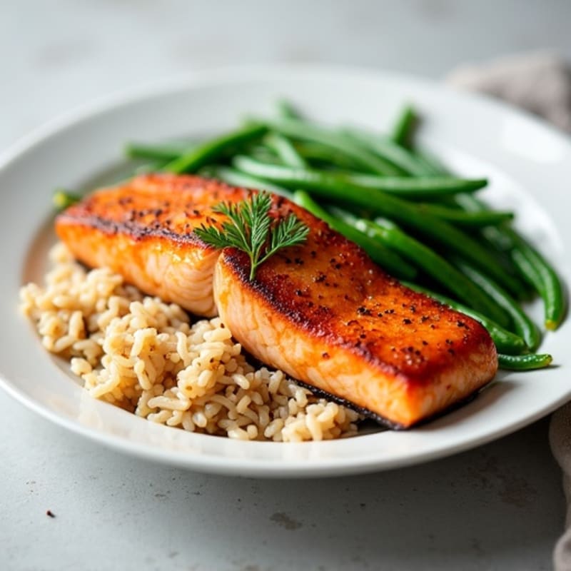 Seared Salmon Fillet with Steamed Green Beans and Brown Rice
