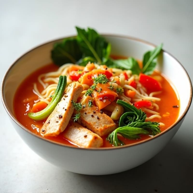 Spicy Sriracha Chicken and Fresh Vegetable Noodle Soup