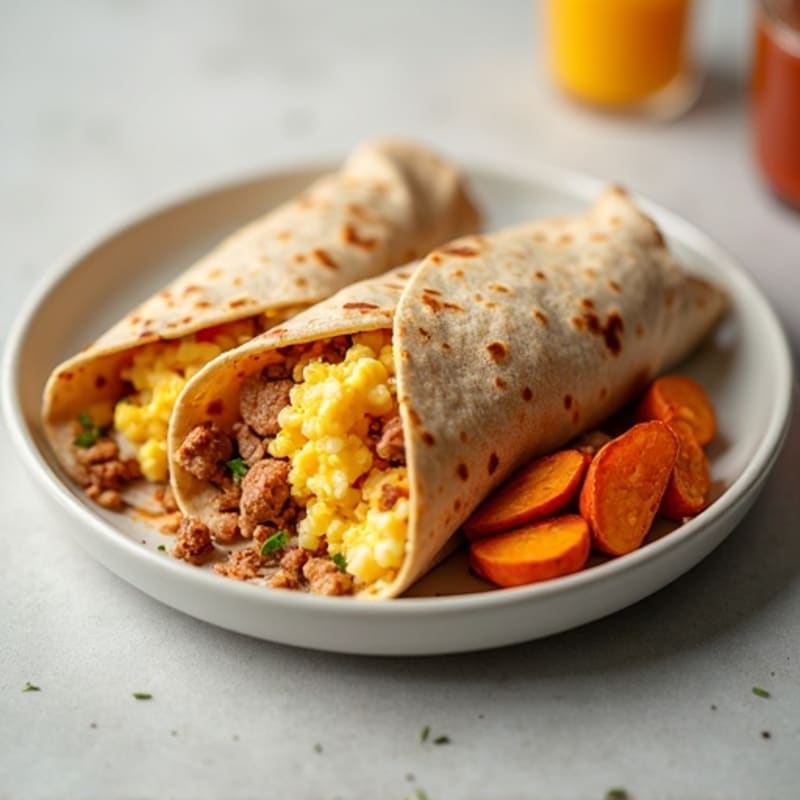 Scrambled Egg and Lean Turkey Sausage Breakfast Burrito with Crispy Sweet Potatoes